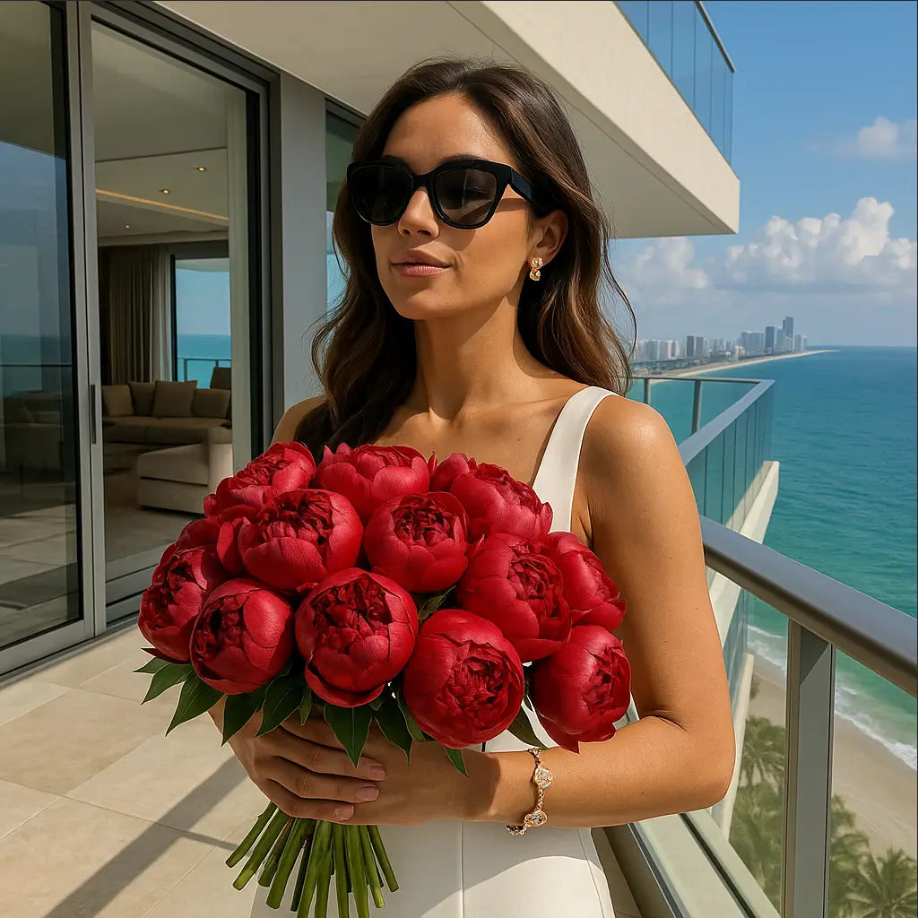 Elegant hand-tied bouquet Enchanting peony - of pink peonies in a luxury setting with gold jewelry and summer vibes â premium flower delivery Miami