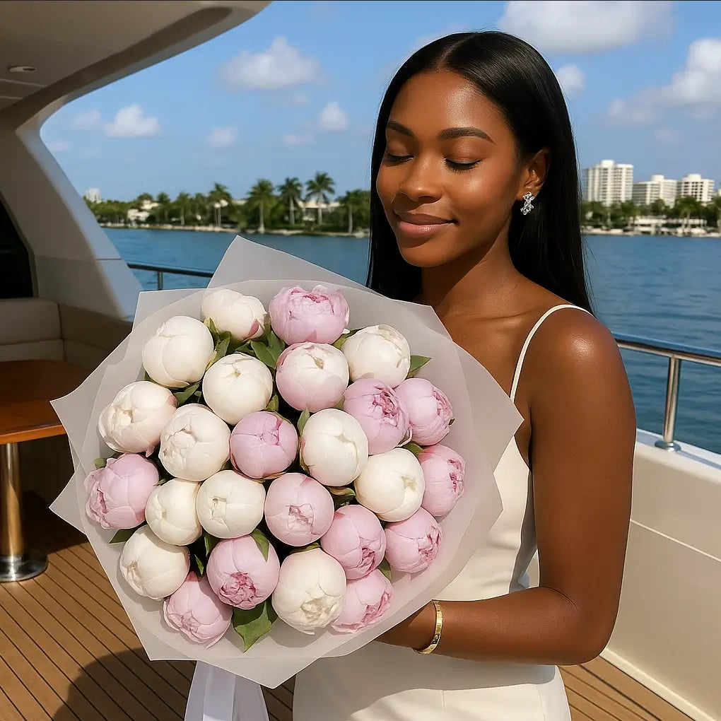 Luxury hand-tied Enchanting peony bouquet in soft pink and white on a yacht at sunset â perfect for romantic surprises, same-day flower delivery Miami