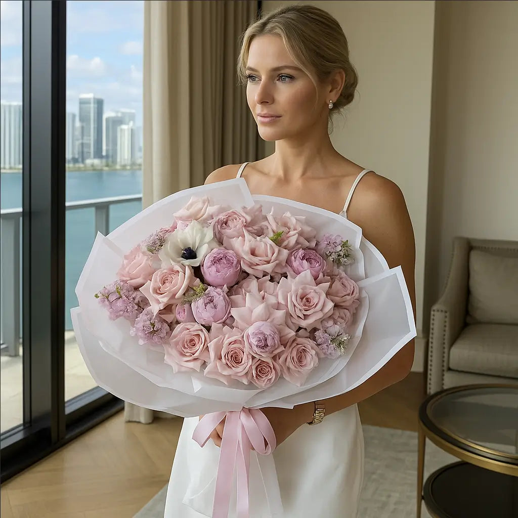 Enchanting pink petals - A luxurious hand-tied bouquet with soft pink tones, roses, and peonies, held by a stylish blonde woman on a waterfront city view — perfect for romantic gifting.