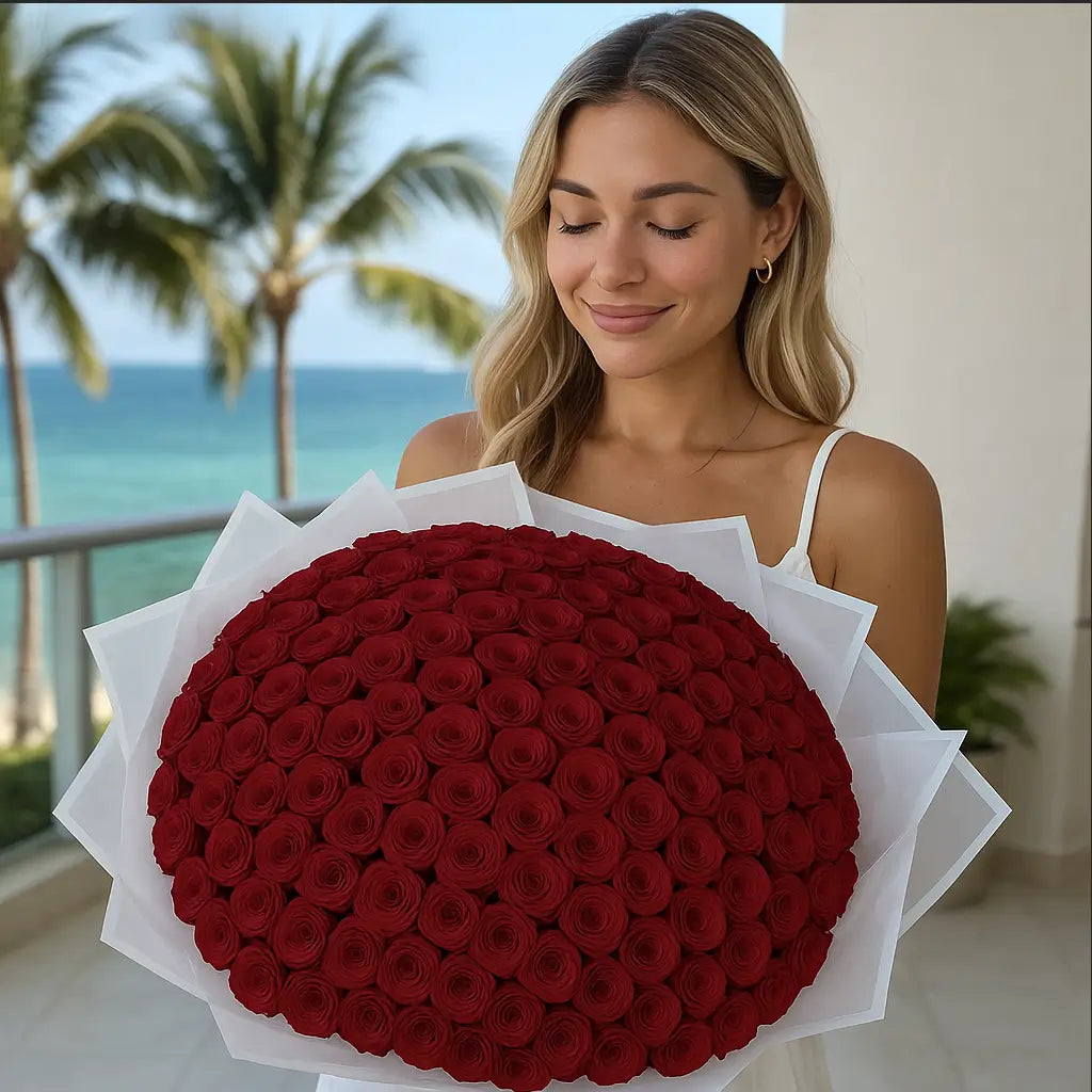 Luxury flower delivery of 150 small passionate red roses in a hand-tied bouquet – Endless Love edition for romantic gifting moments.