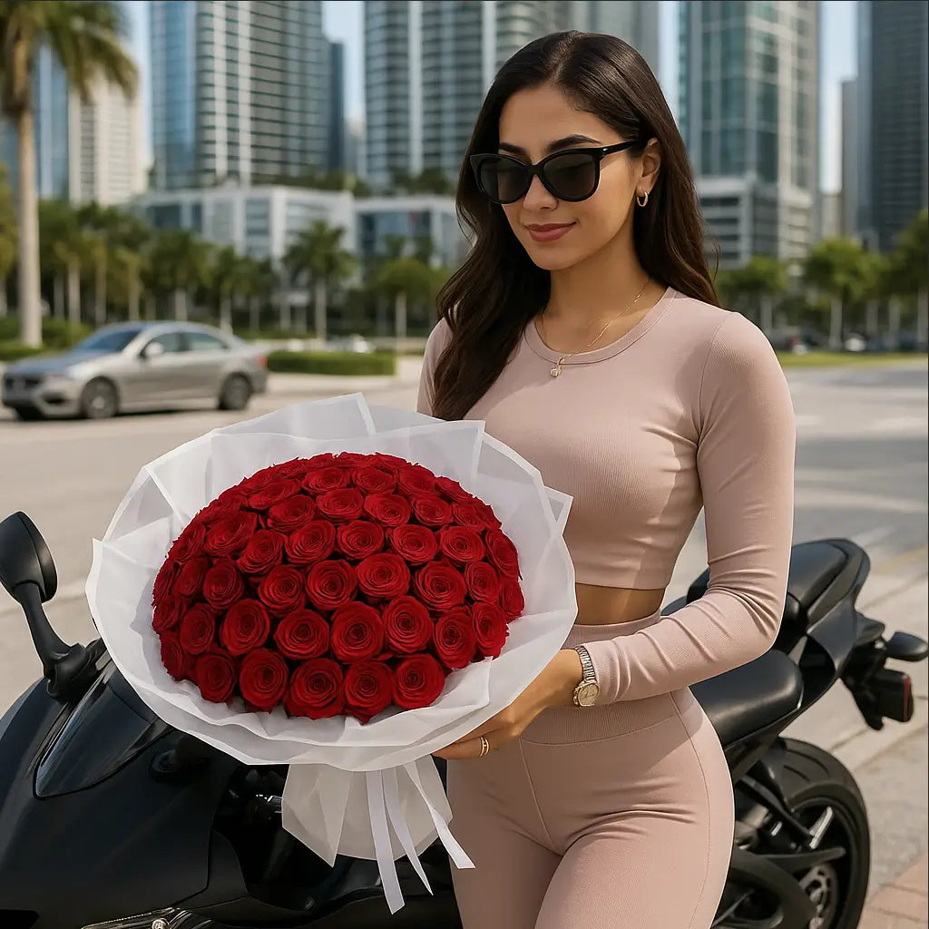 Endless Love - A fashionable brunette woman in leggings and sunglasses near a superbike, holding a hand-tied bouquet of 150 small red roses