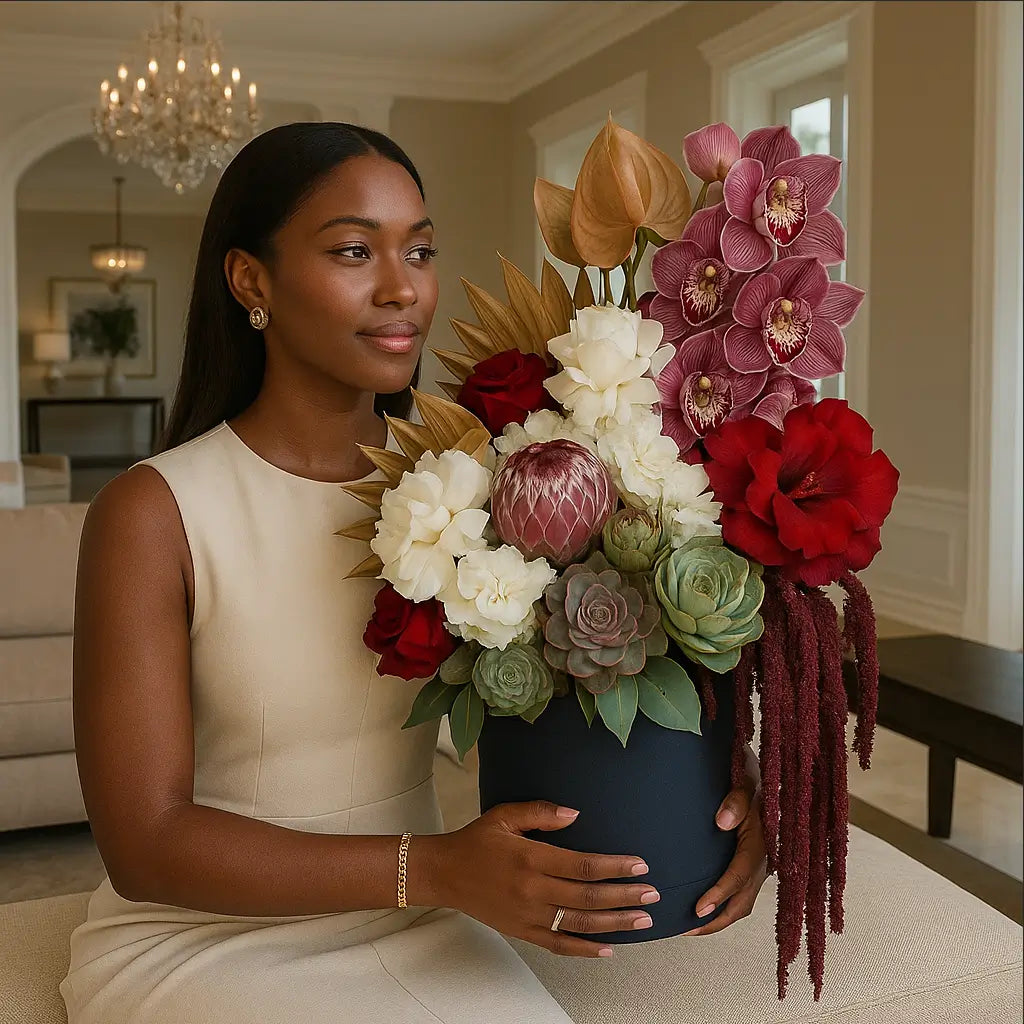 Exotic flower arrangement in rich tropical tones â hand-tied luxury bouquet for elegant interior styling.