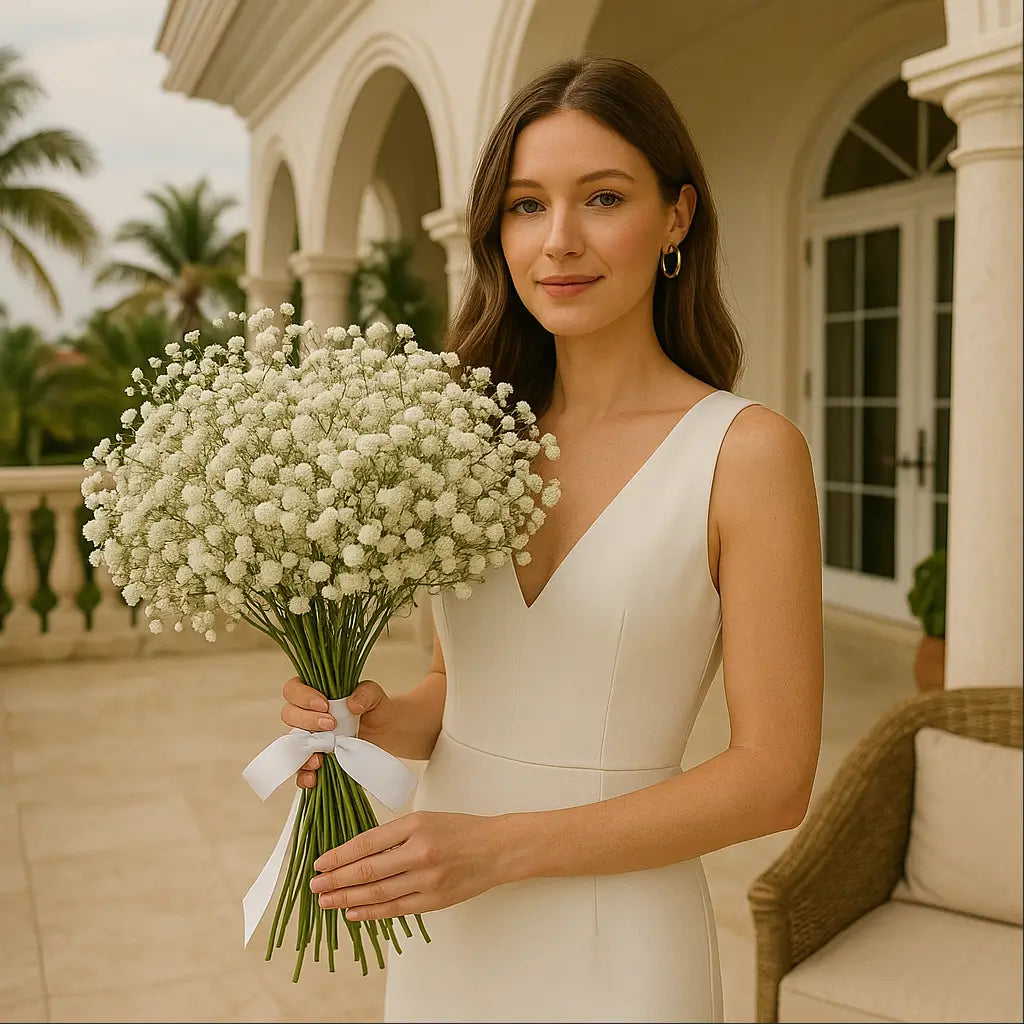 Elegant babyâs breath bouquet with white ribbon on villa terrace â luxury flower delivery in Miami