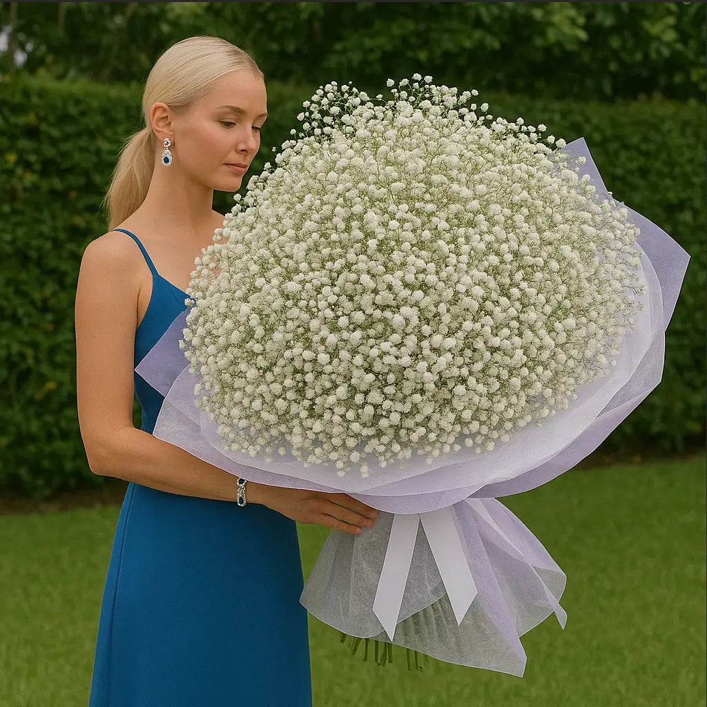 Extra large babyâs breath bouquet with lavender wrap in garden â luxury flower delivery in Miami
