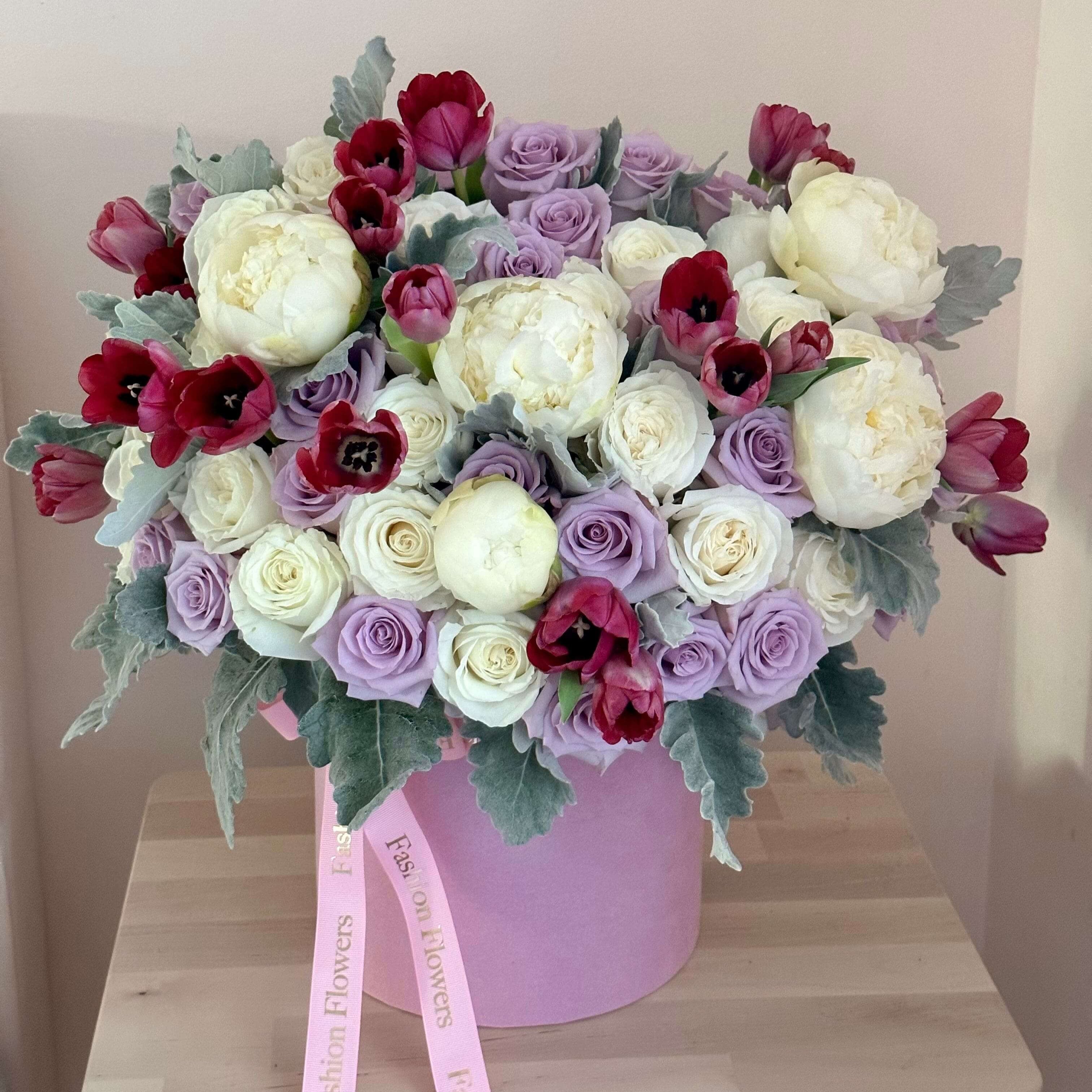 Fiona bouquet in a large lavender designer box with white peonies and lilac roses â flower delivery Miami