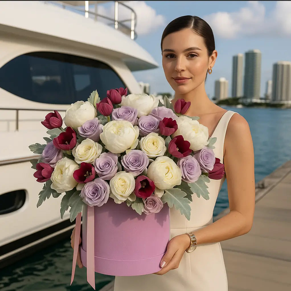 Fiona bouquet in a large lavender designer box with white peonies and lilac roses â flower delivery Miami