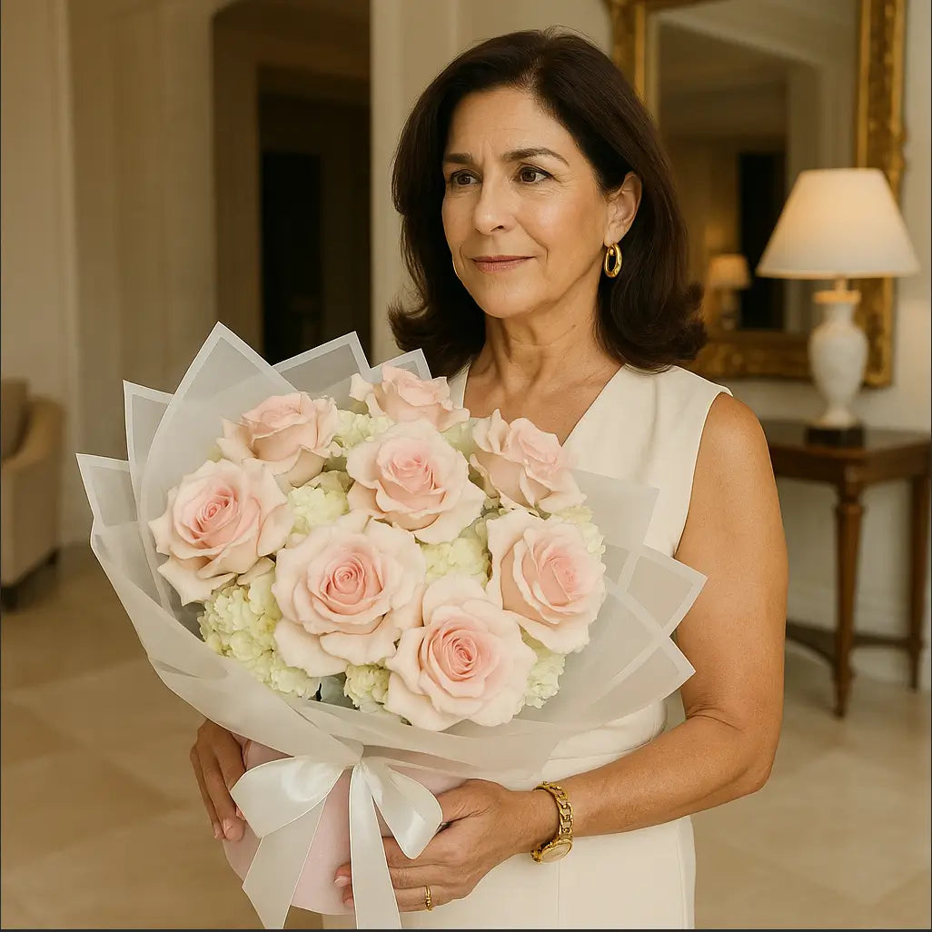 Spanish woman with pink roses and hydrangeas bouquet in luxury room â same-day flower delivery Miami