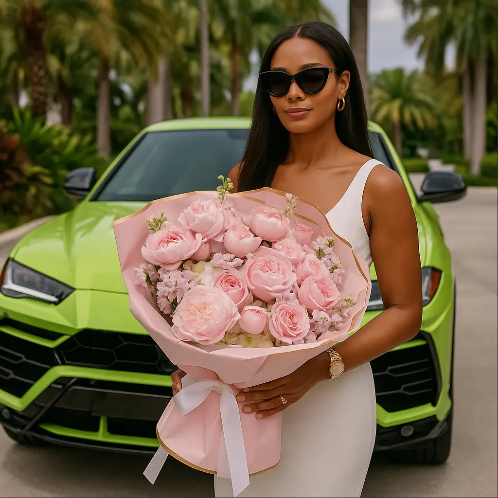 Elegant woman with pink bouquet in front of Lamborghini Urus — luxury flower delivery Miami