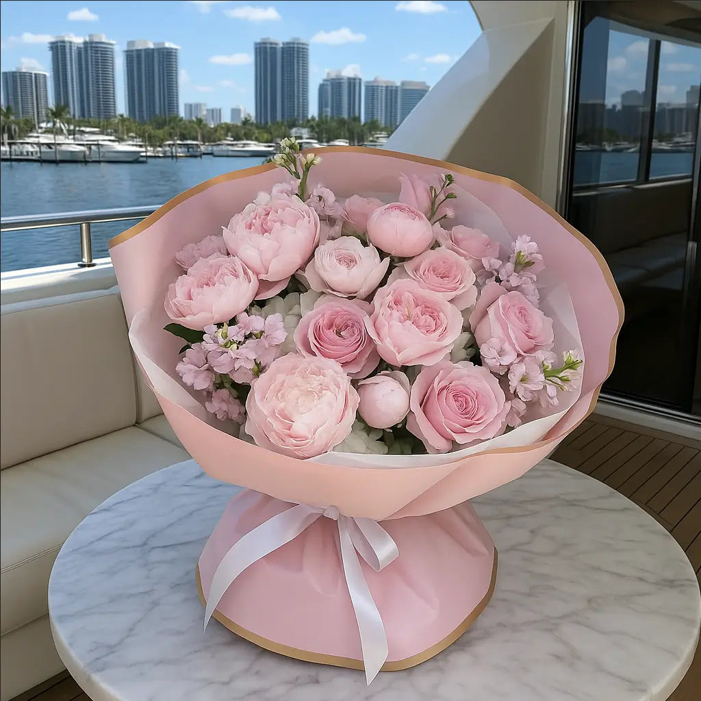 Flawless Pink bouquet with peonies and roses in soft pink wrap on yacht — luxury flower delivery Miami