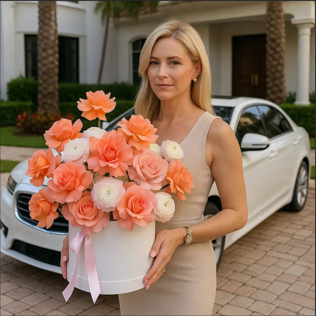 Blonde woman with coral flower box in front of white car at Mediterranean villa — luxury flower delivery Miami