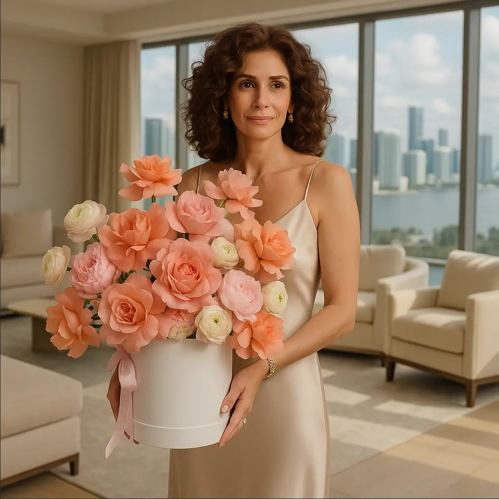 Flower Charm bouquet with coral roses in white box held by elegant woman in luxury penthouse — flower delivery Miami