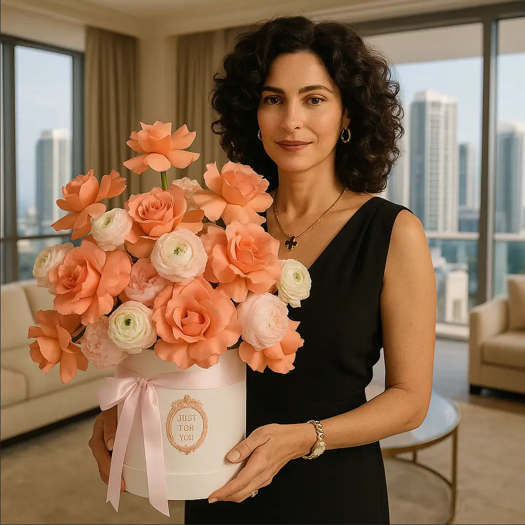 Coral pink flower box with peonies and roses held by woman in black dress — skyline flower delivery Miami