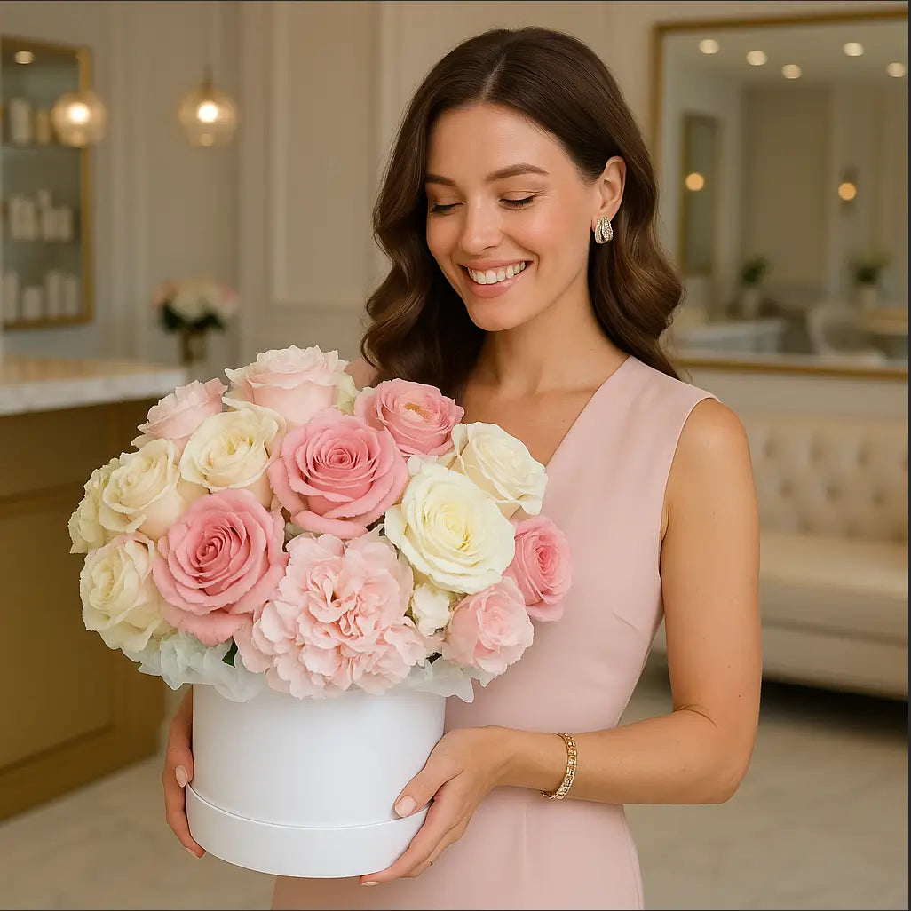 Smiling woman with soft pink bouquet inside luxury beauty salon — flower delivery Miami