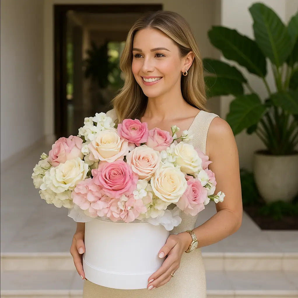 Smiling young woman holding white box of pink and cream roses in luxury villa foyer — flower delivery Miami