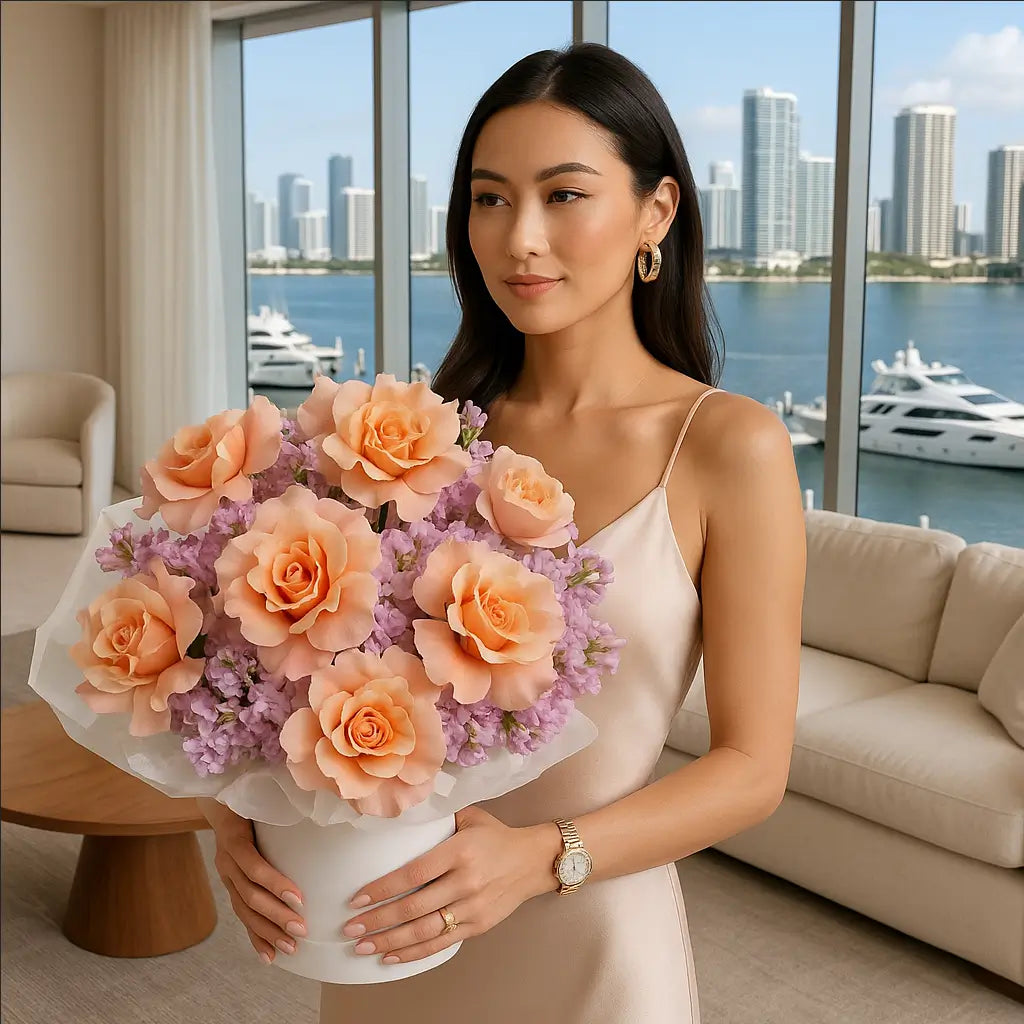 Young woman with peach and lavender bouquet in luxury Miami living room — flower delivery Miami