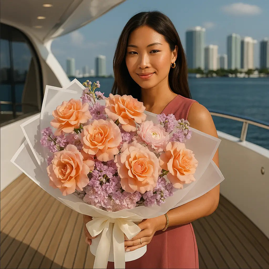 Young woman with peach and lavender bouquet on yacht with skyline — luxury flower delivery Miami