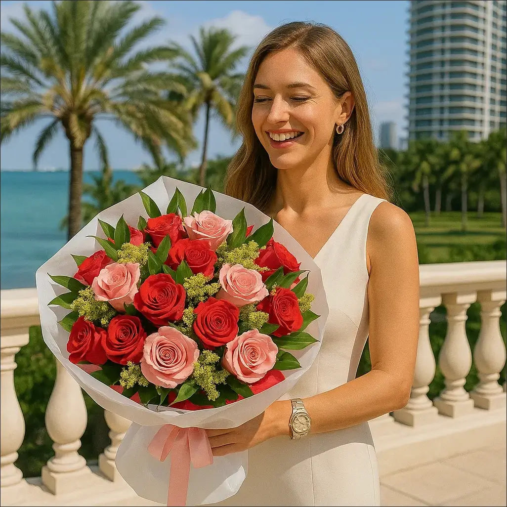 French Kiss hand-tied bouquet with red and pink roses on a luxury Miami balcony — same-day flower delivery