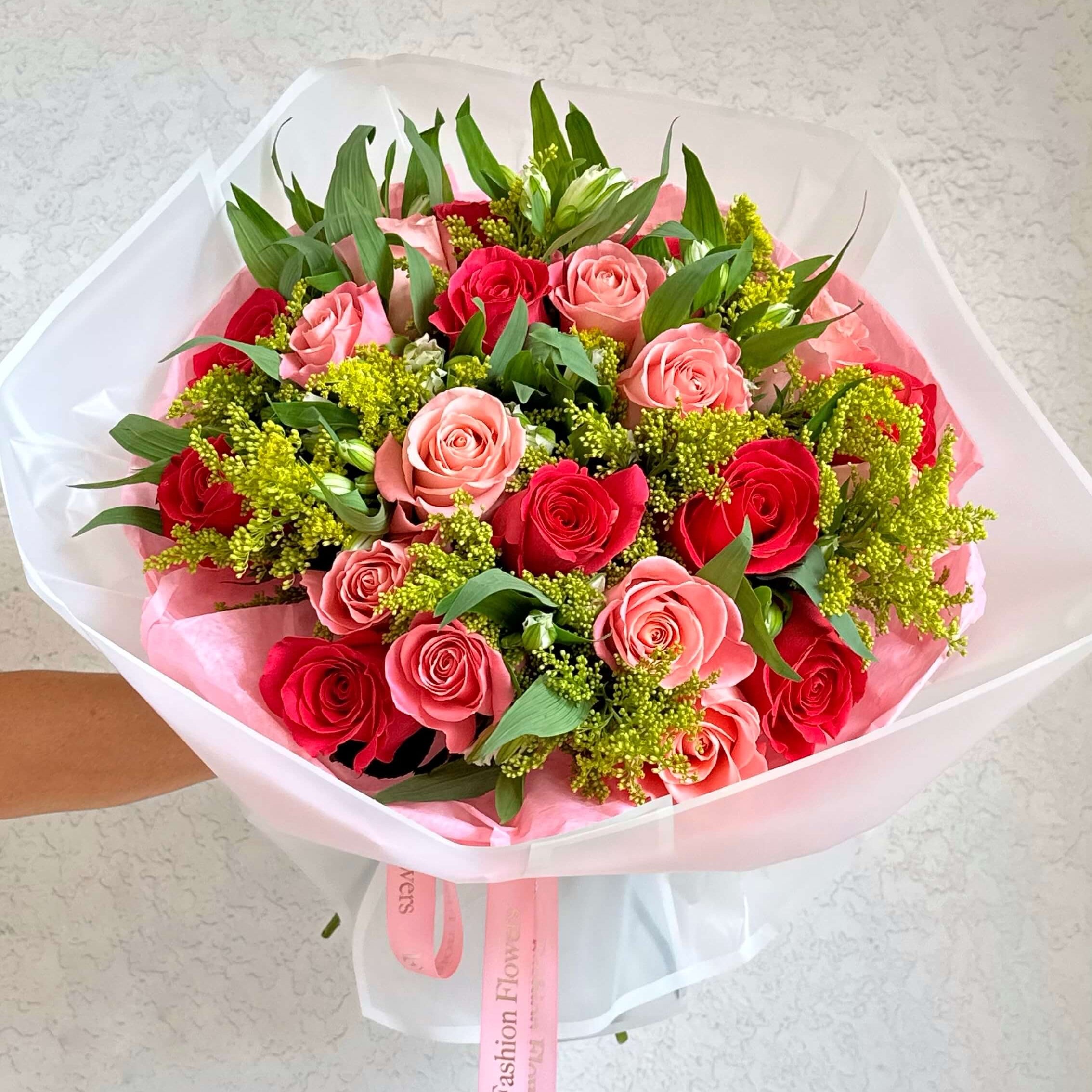 French Kiss hand-tied bouquet with soft pink roses — same-day flower delivery Miami