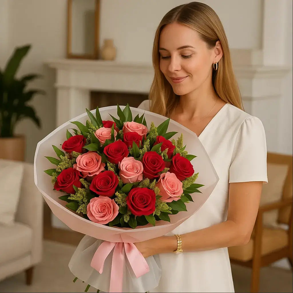 French Kiss hand-tied bouquet with soft pink roses in luxury living room — same-day flower delivery Miami