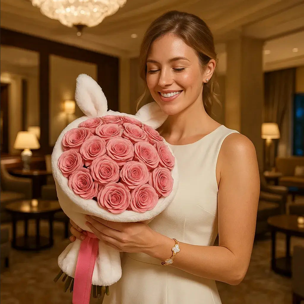 Funny Bunny hand-tied bouquet with soft pink roses in luxury lounge — same-day flower delivery Miami