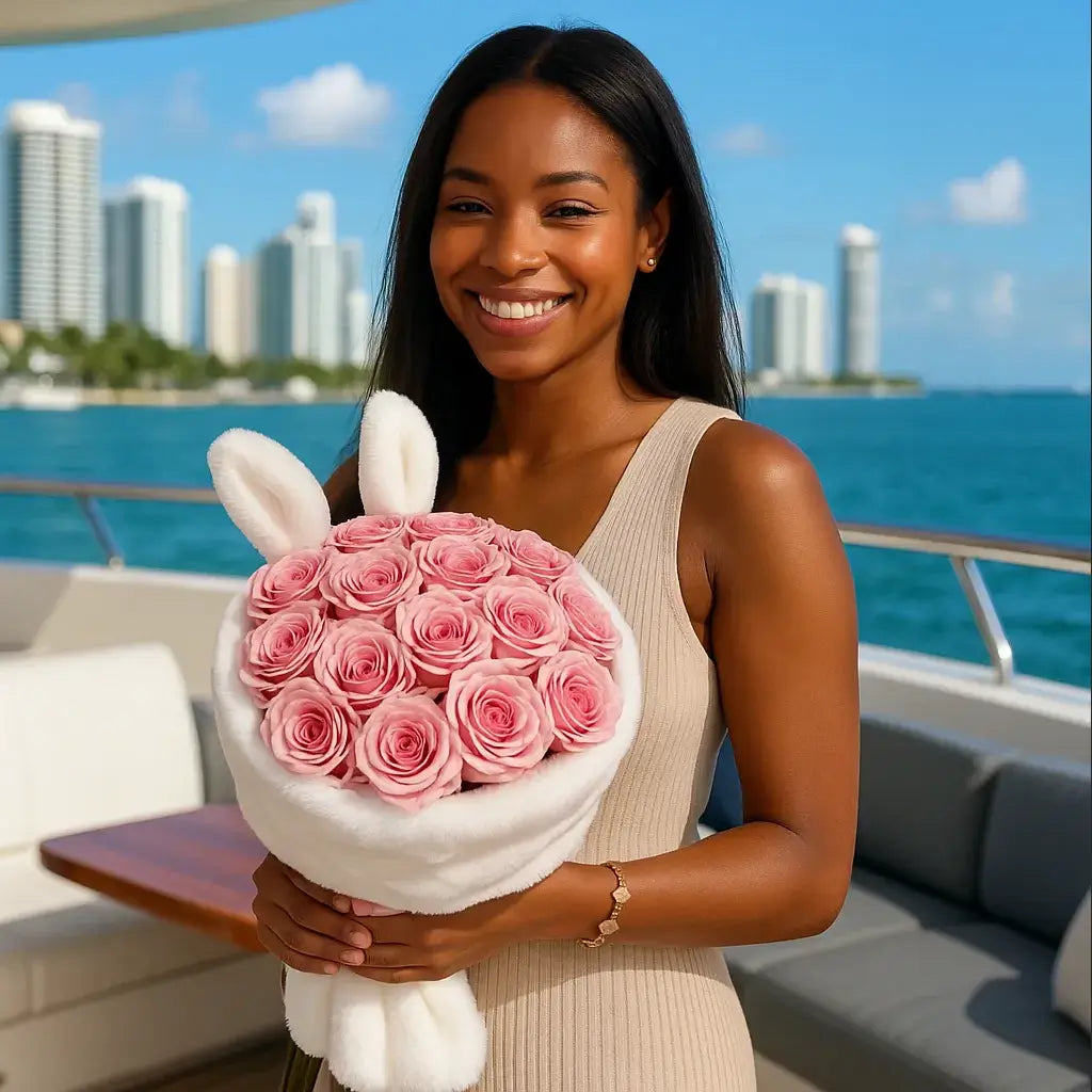 Funny Bunny bouquet with soft pink roses on luxury yacht in Miami — same-day flower delivery