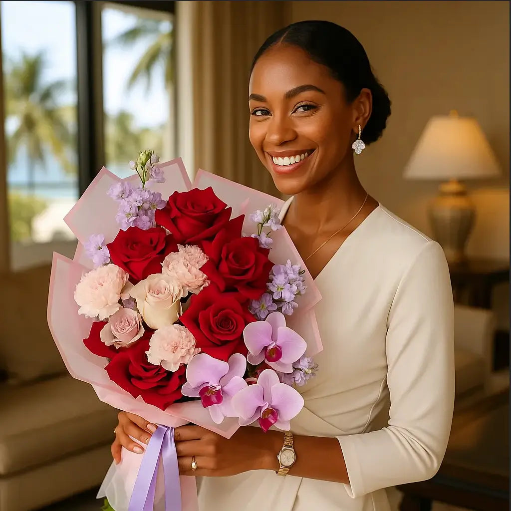 Fusion of Passion hand-tied bouquet with red roses, orchids, and pink peonies — luxury flower delivery Miami
