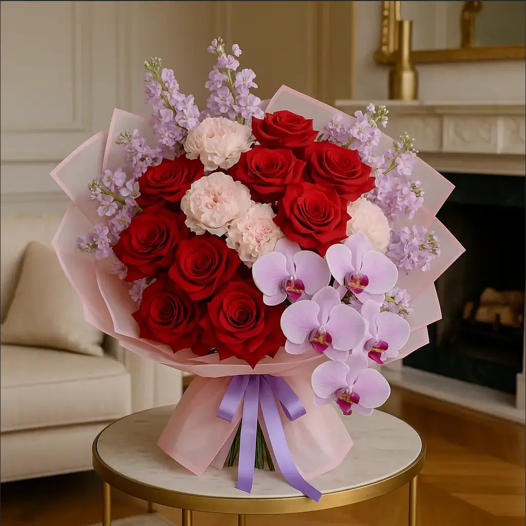 Fusion of Passion extra-large bouquet with red roses, pink peonies and orchids — luxury flower delivery Miami