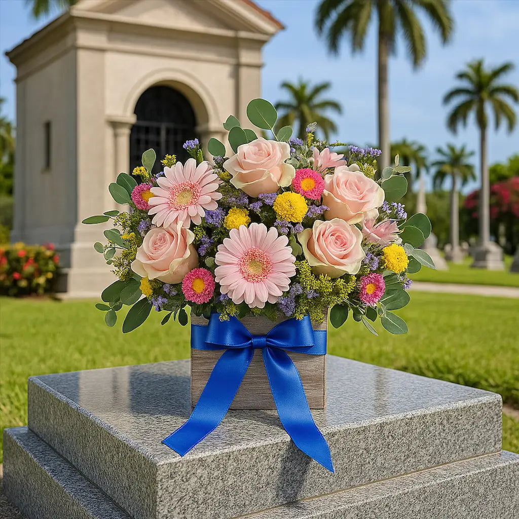 Pastel floral box with gerberas and blush roses near mausoleum — Memorial Day elegance by Miami Flower Delivery