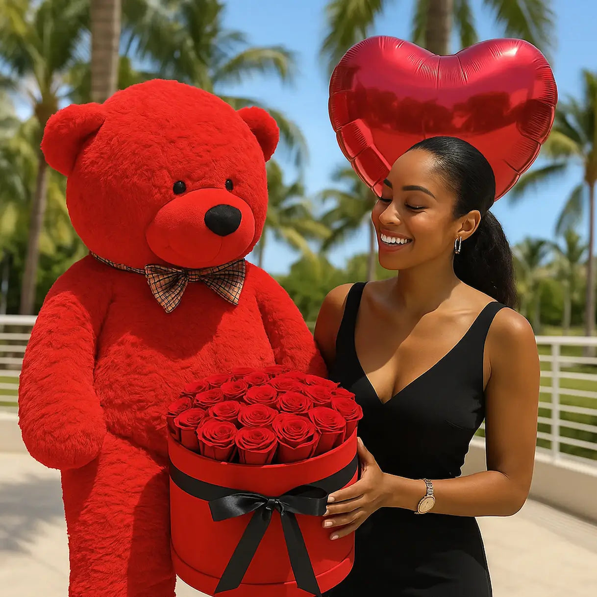 Giant red teddy bear with heart balloon and roses box â luxury romantic gift with same-day delivery in Miami
