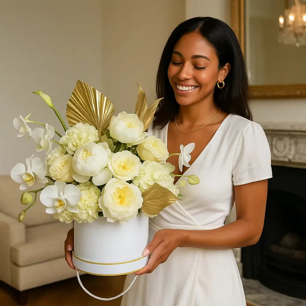 Golden White Delight floral hatbox with white roses and orchids held by smiling woman near marble fireplace â luxury gift Miami