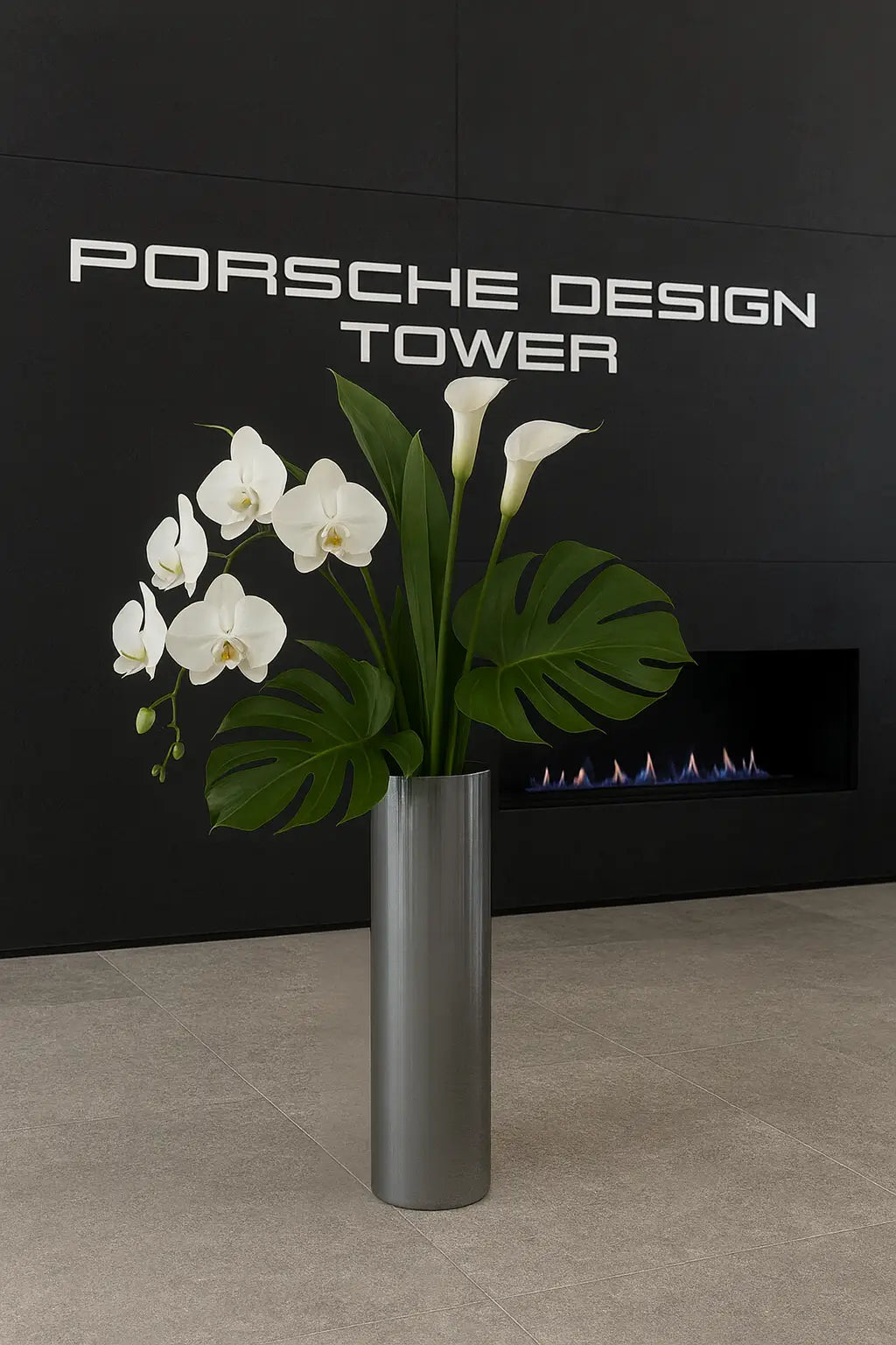 Gray vase with white callas and monstera leaves — luxury flower arrangement delivery Miami