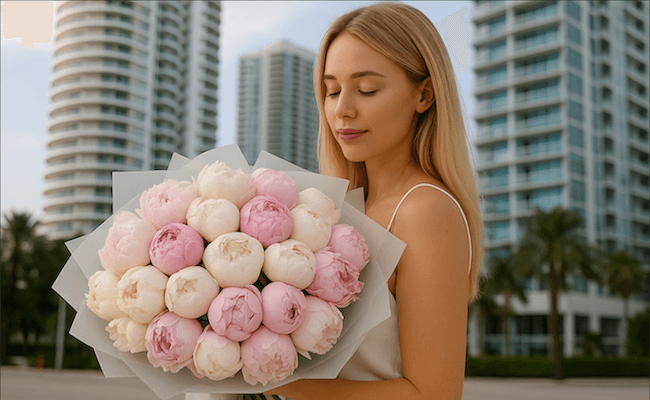 Luxury hand-tied peonies bouquet with blonde woman – same day flower delivery in Miami