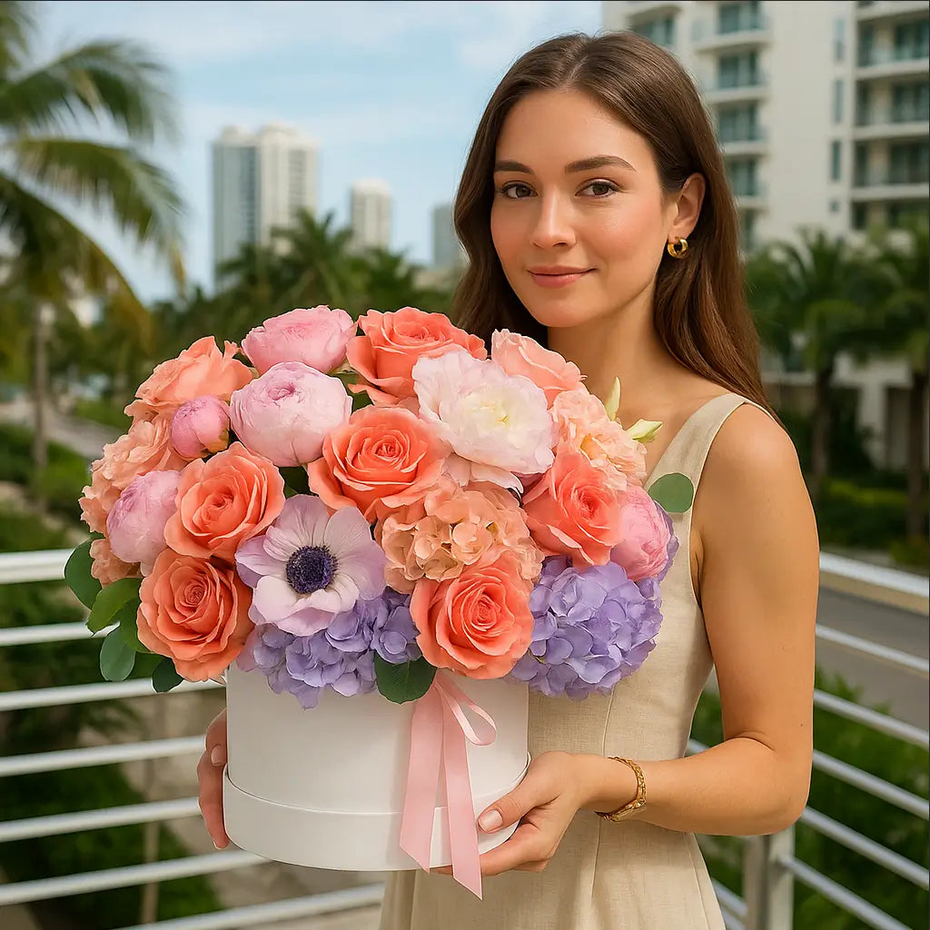 Colorful floral arrangement with roses and hydrangeas in a white box held by woman in front of luxury villa — Miami flower delivery