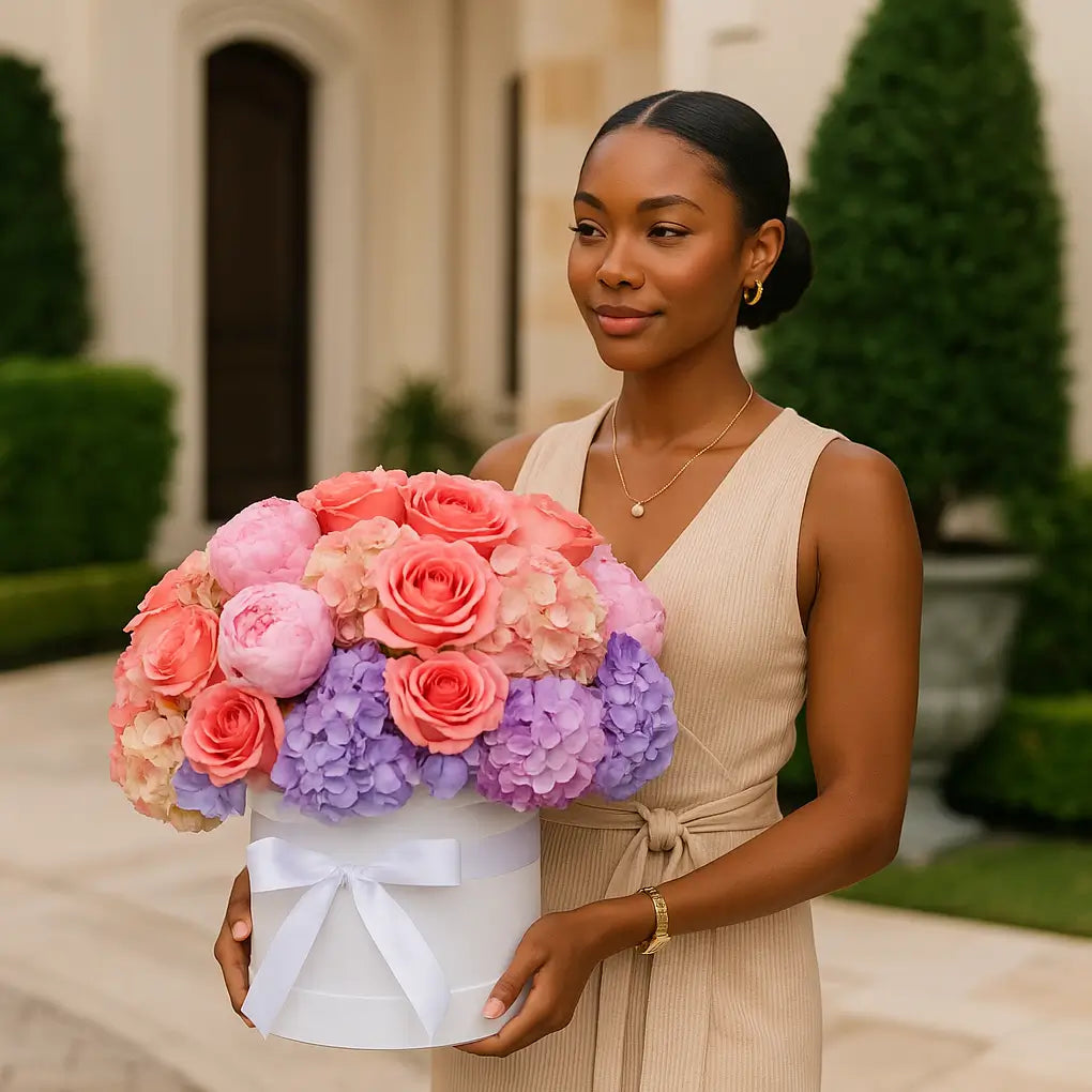 Bright pink and lilac floral hatbox with roses and peonies held by woman on tropical balcony — Miami luxury flower delivery