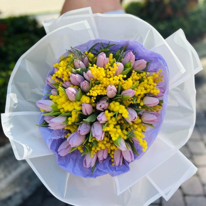 Hello Spring bouquet with lavender tulips and yellow mimosa â luxury floral gift Miami