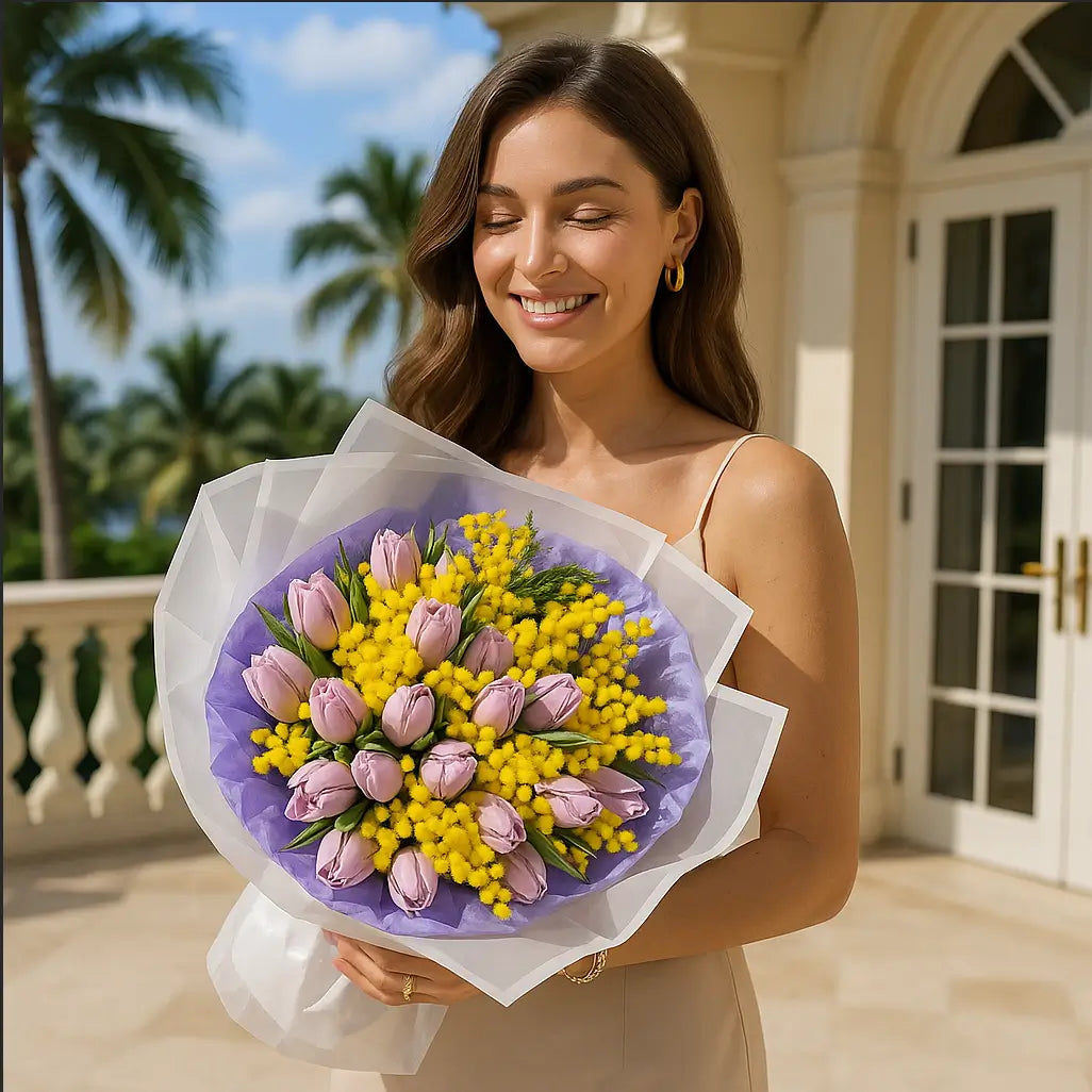 Luxury lavender tulips and yellow mimosa in a hand-tied bouquet on a villa balcony â same-day flower delivery Miami