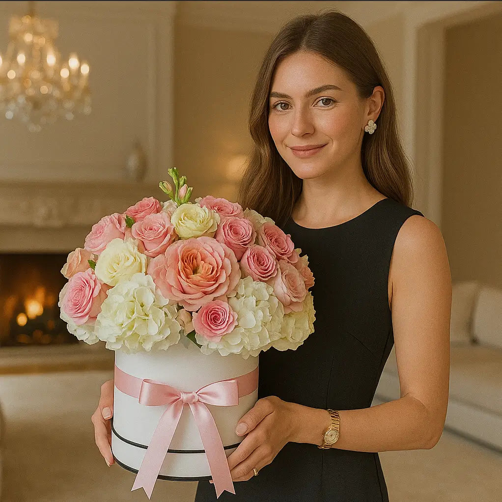 Elegant white hatbox with pink roses and hydrangeas in cozy luxury interior â romantic flower delivery Miami