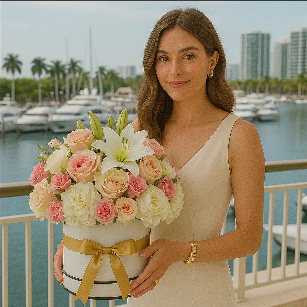 Romantic luxury flower box with roses and lilies by the marina â premium flower delivery Miami