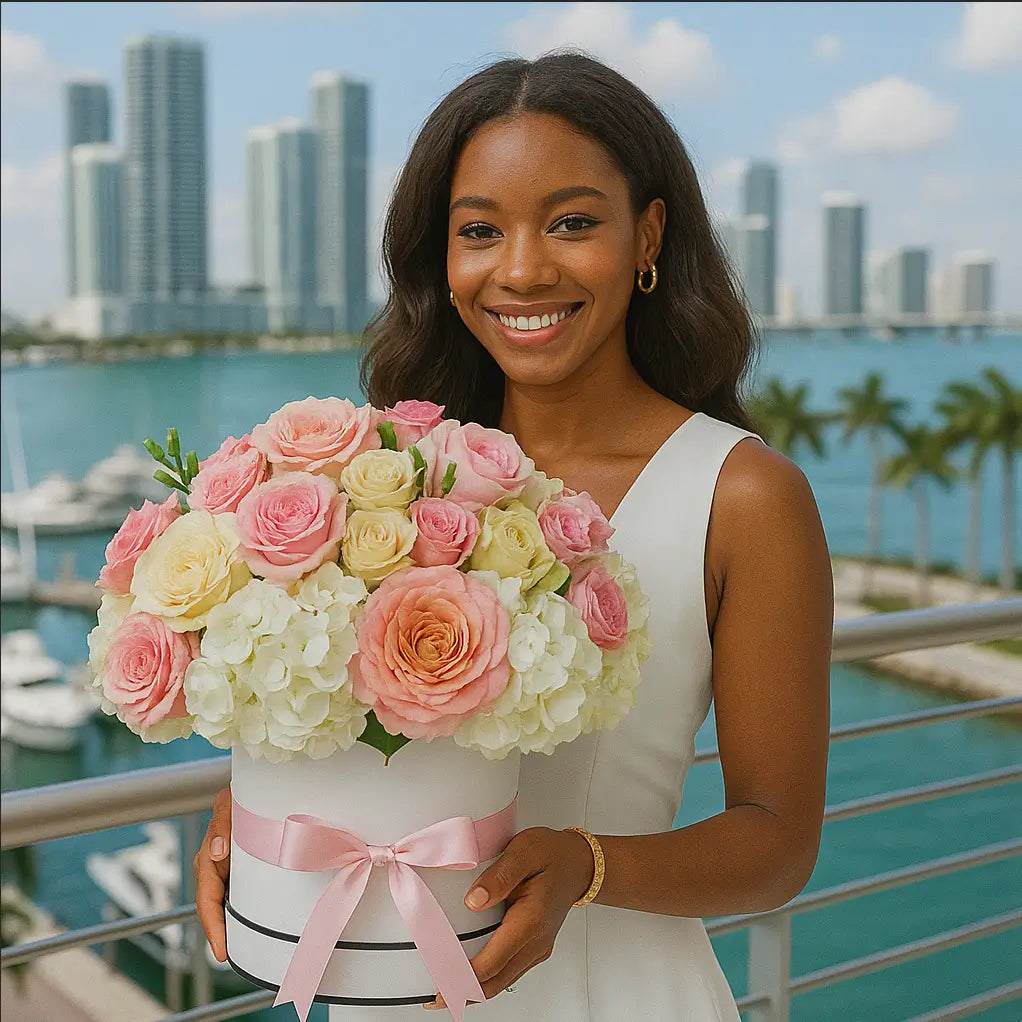 Voluminous flower box with roses and hydrangeas against Miami skyline â luxury romantic delivery
