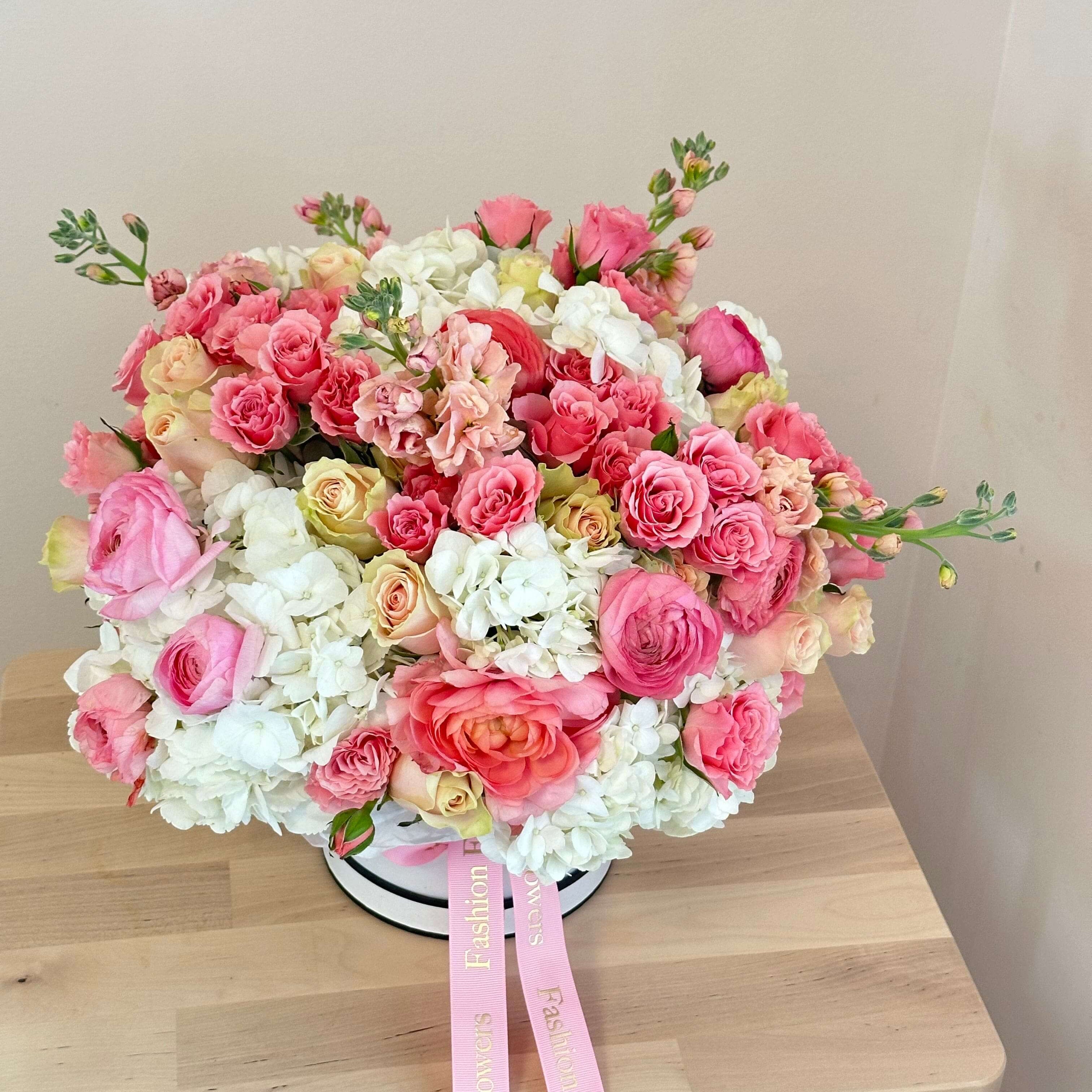 Luxury pink and white flower box with roses and hydrangeas â perfect for romantic surprises in Miami
