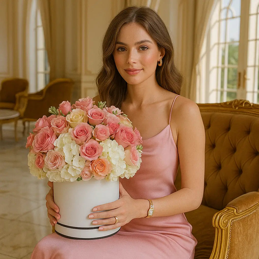 Luxury pink and white flower box with roses and hydrangeas â perfect for romantic surprises in Miami