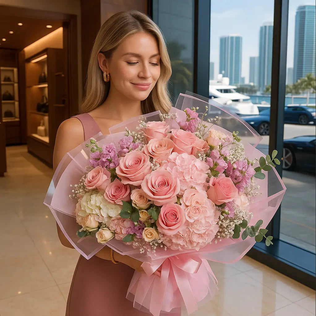 Voluminous hand-tied bouquet with soft pink roses and hydrangeas inside a luxury boutique — flower delivery Miami