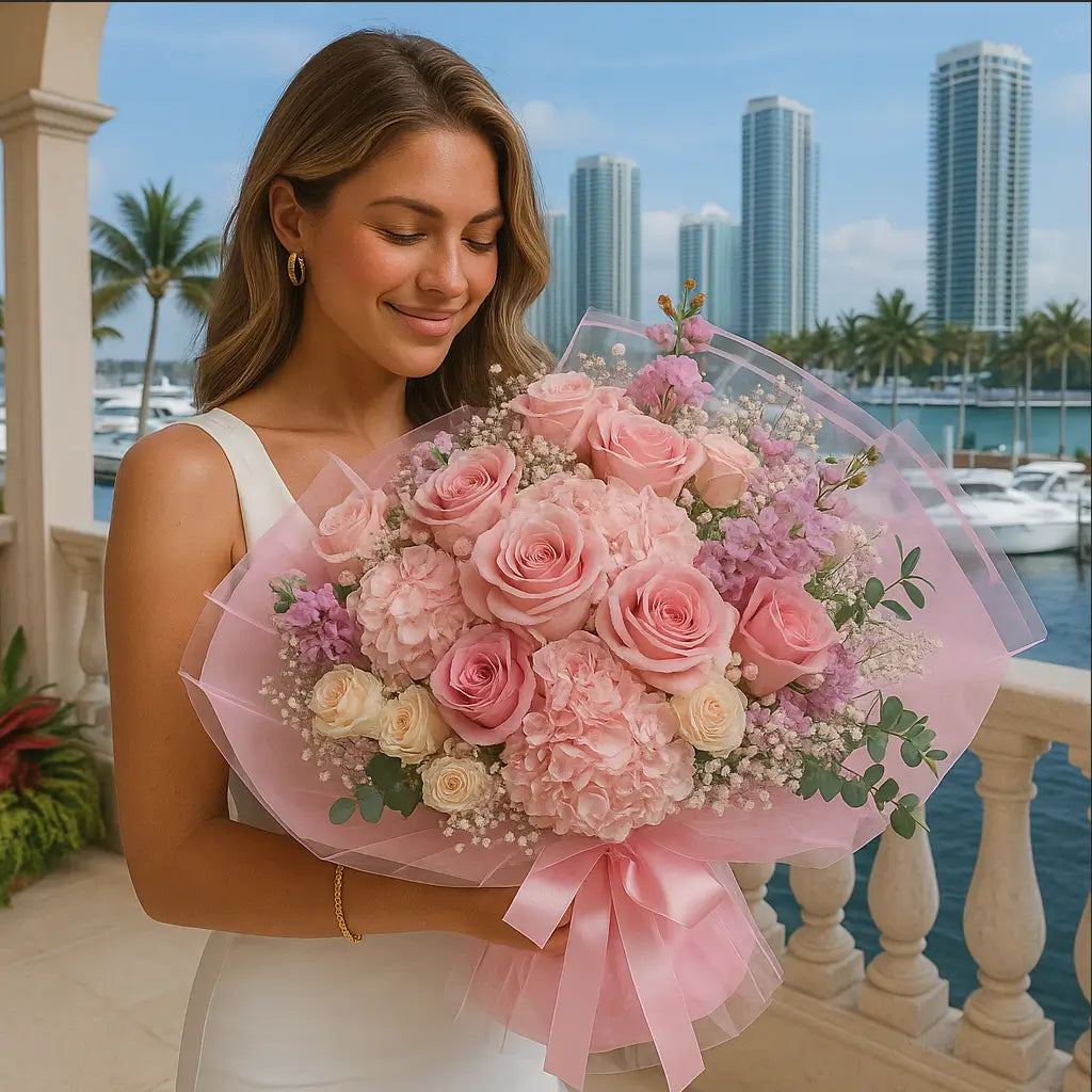 Romantic hand-tied bouquet with pink roses, hydrangeas, and lush wrapping on a Miami balcony — luxury flower delivery