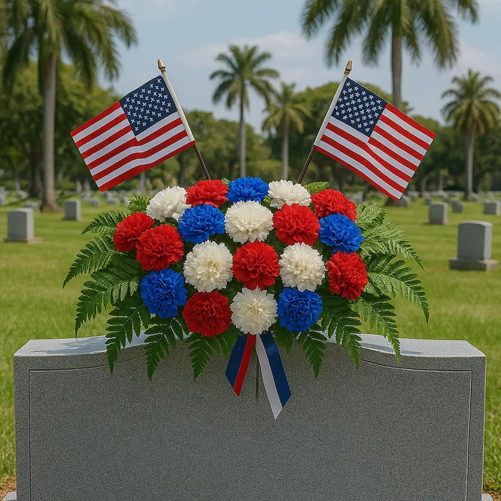 Vibrant Memorial Day carnation arrangement with flags in Miami cemetery — same-day service by Miami Flower Delivery