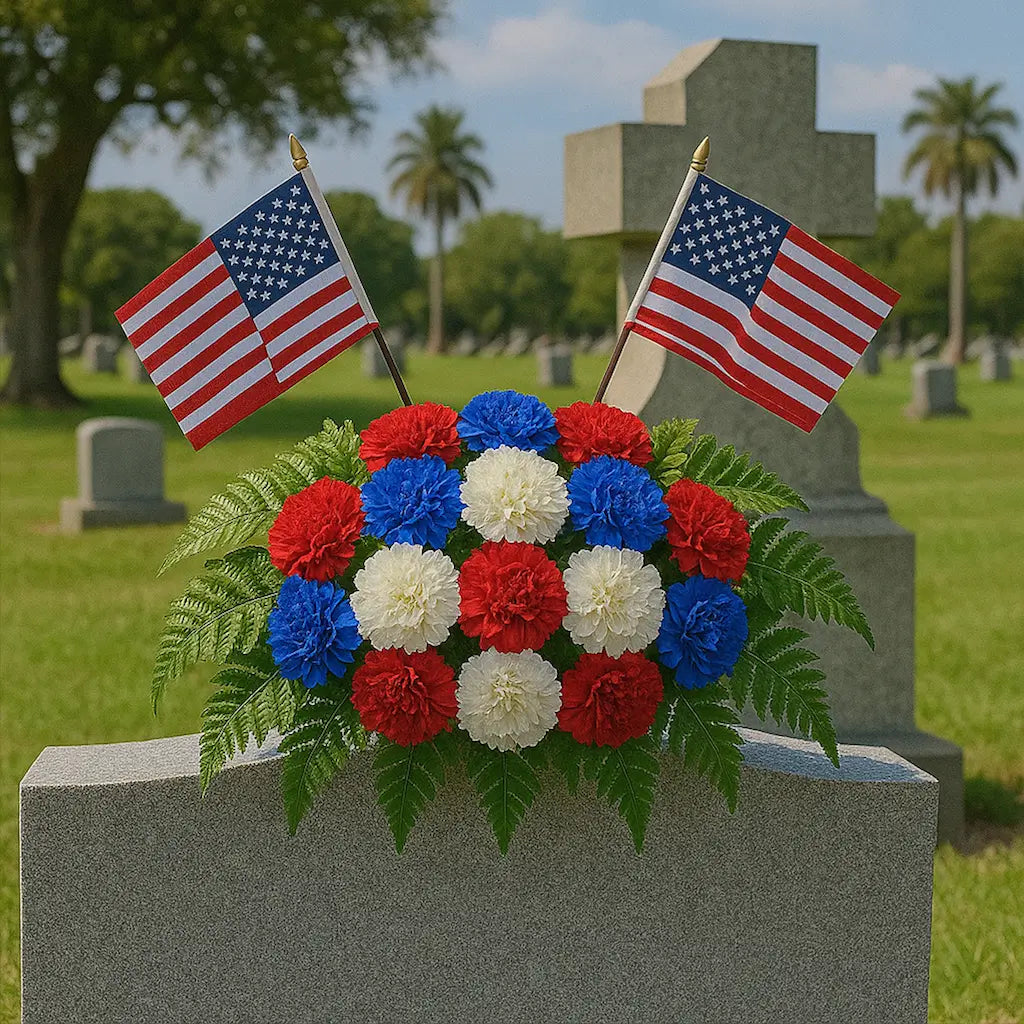 Red, white, and blue carnation bouquet with palm tree backdrop — Miami Flower Delivery Memorial Day tribute