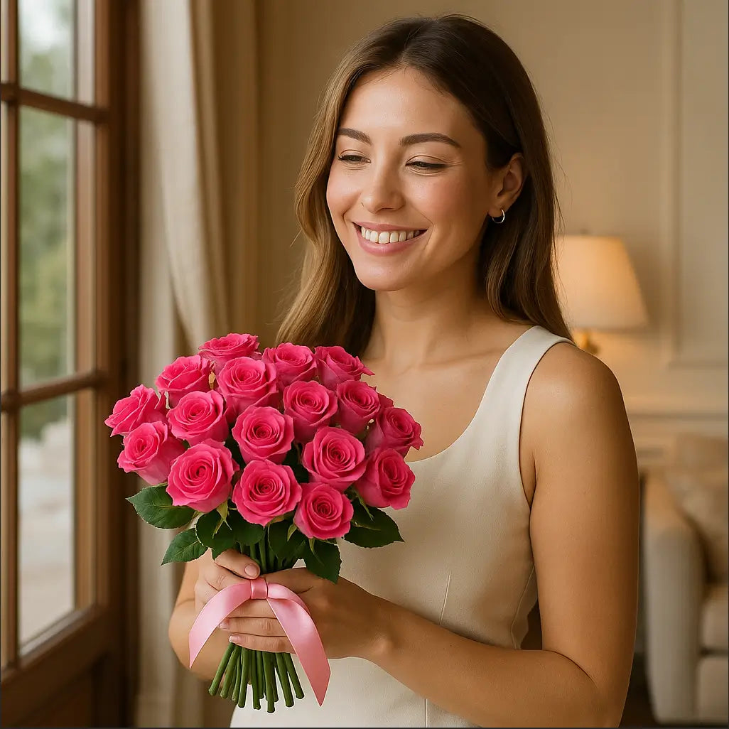 Delicate bouquet of 25 hot pink roses held by smiling woman â luxury same-day delivery Miami