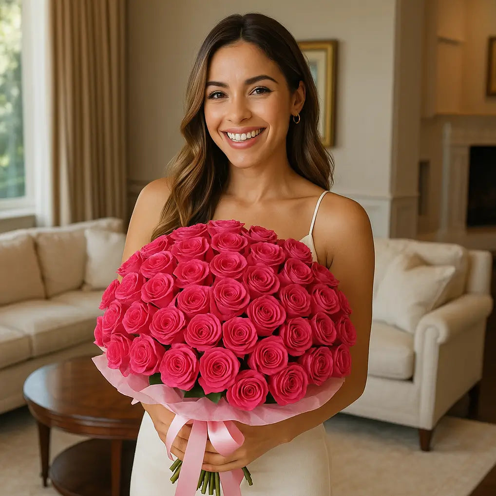 Hand-tied bouquet of 100 hot pink roses held in a Mediterranean villa â elegant flower delivery Miami