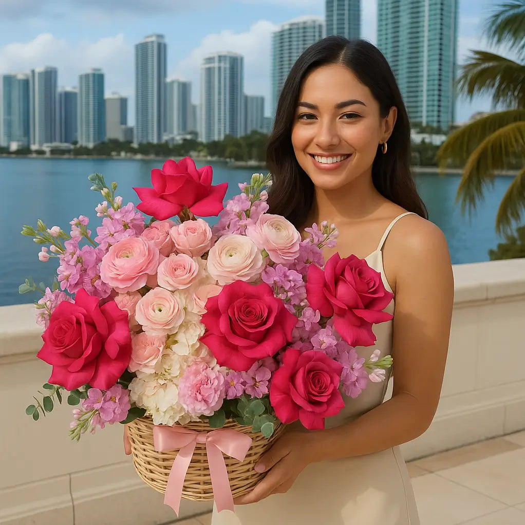 Romantic basket bouquet with hot pink and blush flowers held by smiling woman on a Miami terrace