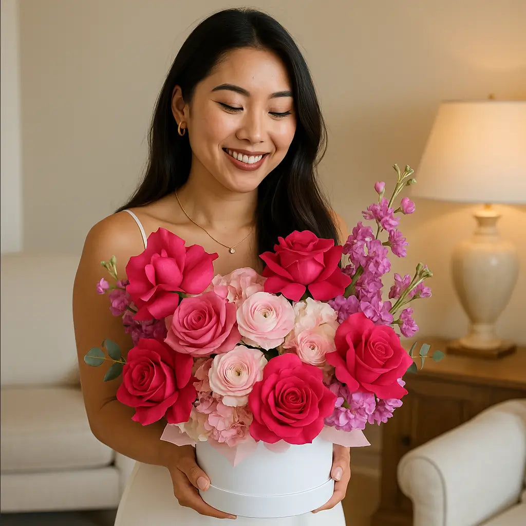 Luxury box bouquet with hot pink and blush flowers held by smiling woman in cozy elegant interior