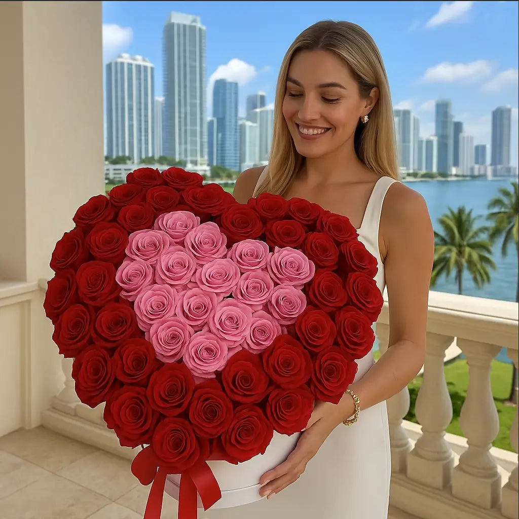 Heart-shaped luxury bouquet of 200 red and pink roses held by smiling woman on a Miami balcony â premium romantic delivery